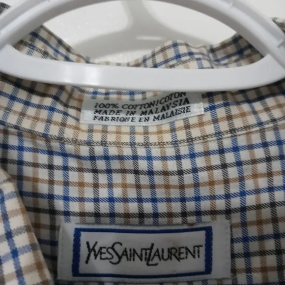 Yves Saint Laurent YSL Men's button down beige Navy blue Checked Shirt 16.5 - Picture 3 of 8